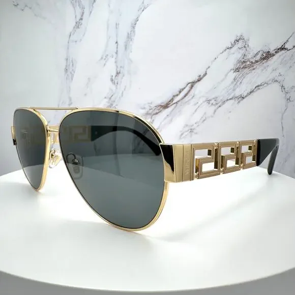 New VERSACE Sunglasses Gold Aviator Pilot Metal Greca Logo Black